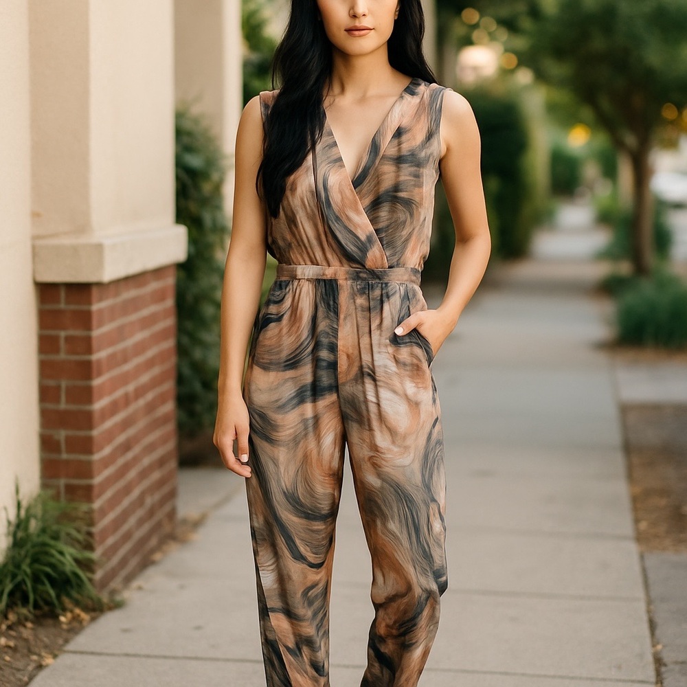 Ariella Black and Tan Swirl Jumpsuit Sz large Ptp 19 inches made